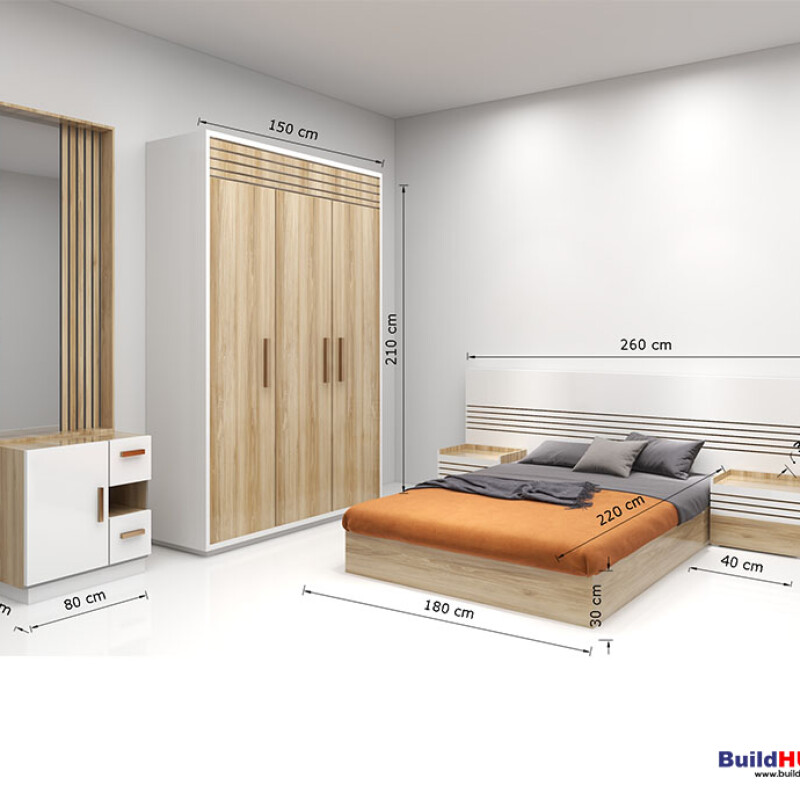 BH Modern Bedroom Set with Bed, 3-Door Wardrobe, Side Table, and Dressing Table