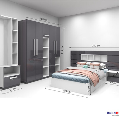 BH Simple Elegance Bedroom Set with Bed, 4-Door Wardrobe, Side Table, and Dressing Table