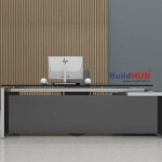 Executive CEO Office Table with Grey Laminate Top and Glass Inlay