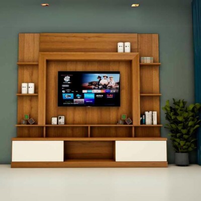 Modern Wooden TV Unit with White Accents and Open Shelving