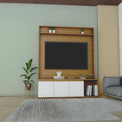 Modern Wooden TV Unit with White Cabinets and Open Shelving