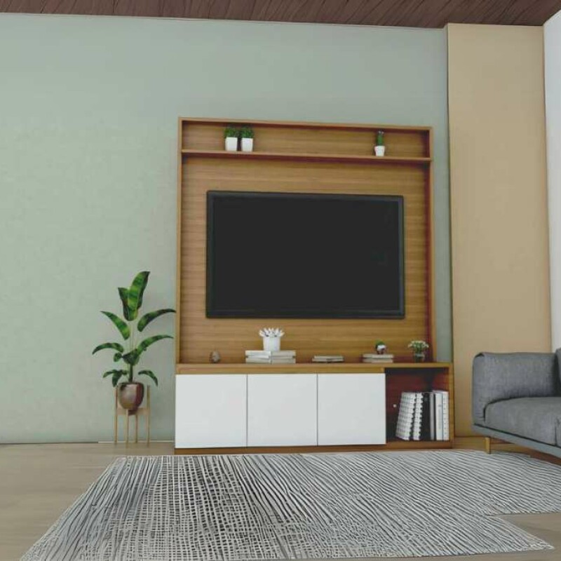 Modern Wooden TV Unit with White Cabinets and Open Shelving