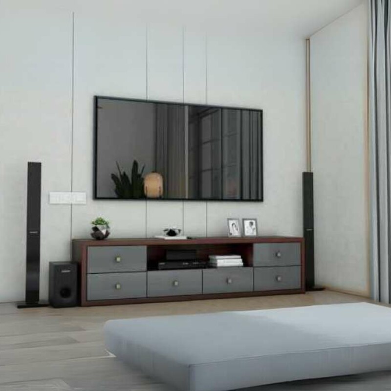 Modern TV Unit with Grey Drawers and Open Shelving