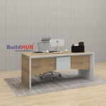 Modern White & Wooden Texture CEO Table with Curved Design