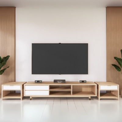 Modern Wooden TV Unit with White Accents and Open Shelving