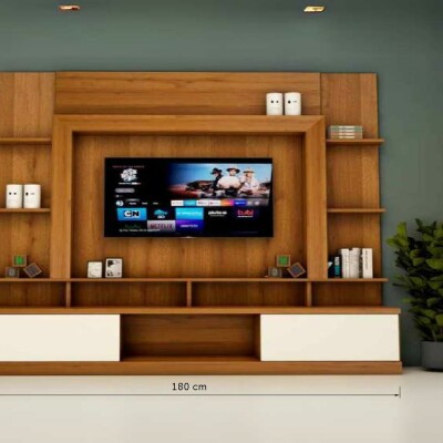 Modern Wooden TV Unit with White Accents and Open Shelving