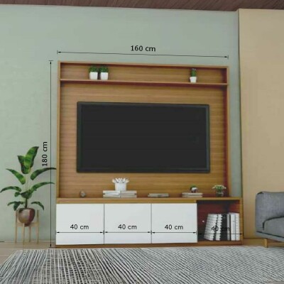 Modern Wooden TV Unit with White Cabinets and Open Shelving