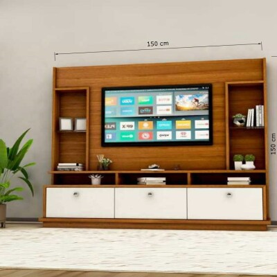 Modern Wooden TV Unit with White Accents and Open Shelving