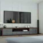 Modern TV Unit with Grey Drawers and Open Shelving