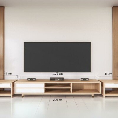 Light Wood TV Unit with Open Shelving and Drawers