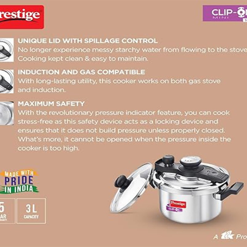 Prestige Svachh Clip-on Mini Stainless Steel 3 Litre Outer Lid Pressure Cooker
