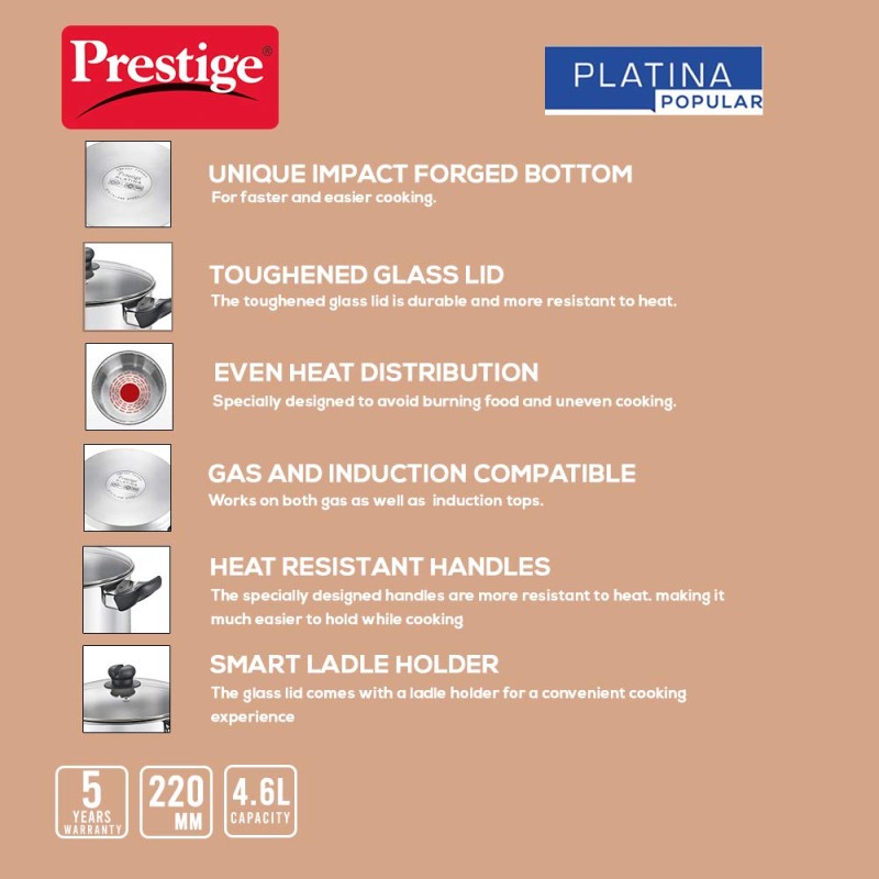 Prestige Platina Popular Stainless Steel Casserole With Lid, 220MM