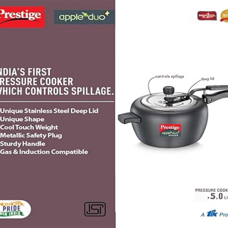 Prestige Apple DUO Plus Svachh Hard Anodised Inner Lid Pressure Cooker, 5L