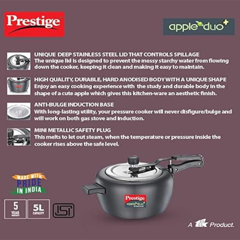 Prestige Apple DUO Plus Svachh Hard Anodised Inner Lid Pressure Cooker, 5L