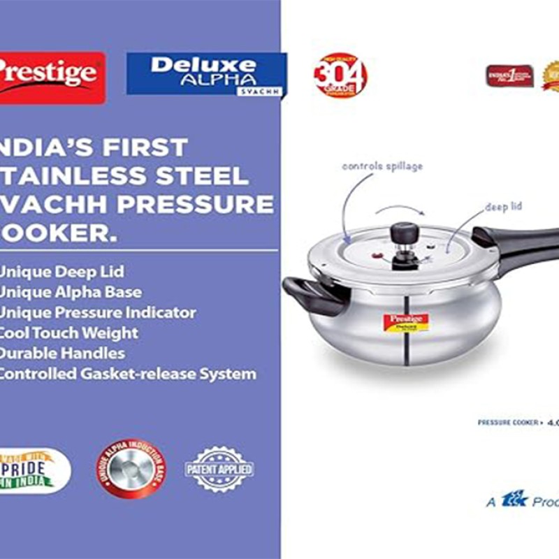 Prestige Svachh Alpha Junior Handi Stainless Steel Outer Lid Pressure Cooker, 4L