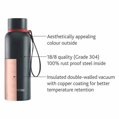 Borosil Vacuum Bottle Trek 850ML, Black