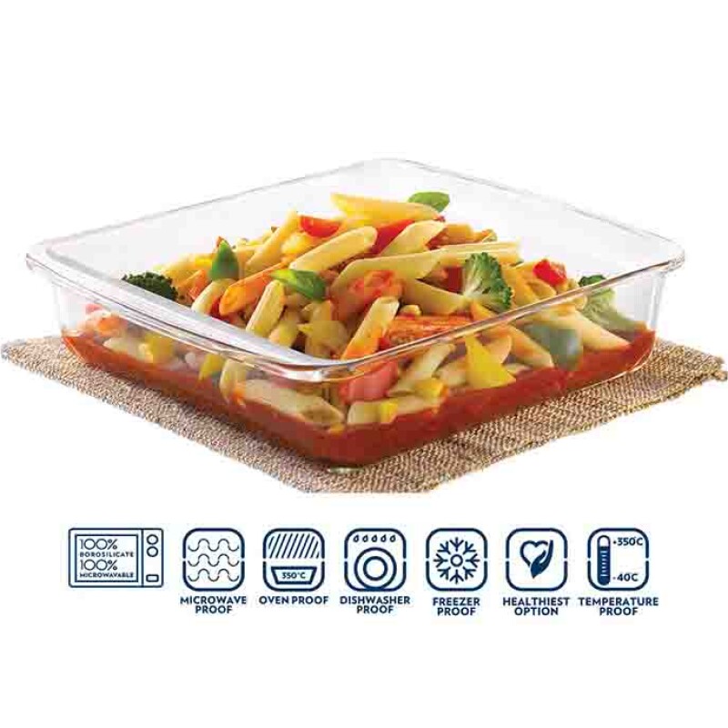 Borosil Square Dish With Handle Easy Grip 2L