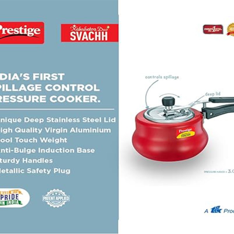 Prestige Nakshatra Plus Svachh Hard Anodised Spillage Control Handi Inner Lid Pressure Cooker, 3L (Red)