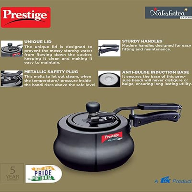 Prestige Nakshatra Plus Svachh Hard Anodised Spillage Control Handi Inner Lid Pressure Cooker, 5L