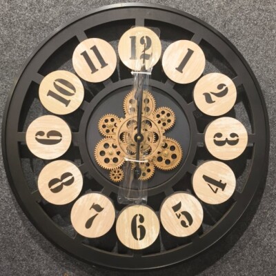 Vintage Gear Wooden Wall Clock – Black Industrial Frame (TY 115)