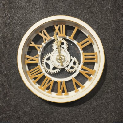 Luxury Roman Gear Wall Clock – White & Gold Design