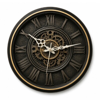 Luxury Roman Gear Wall Clock – Black Vintage Design
