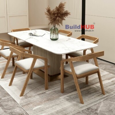 BH Engineered 6-Seater Matte White Marble Dining Table