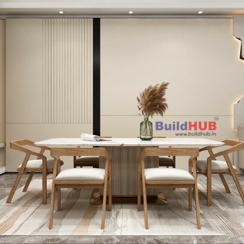 BH Engineered 6-Seater Matte White Marble Dining Table