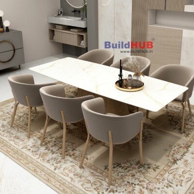 BH Engineered Ivory Marble 6 Seater Dining Table