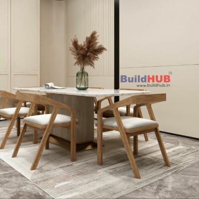 BH Engineered 6-Seater Matte White Marble Dining Table