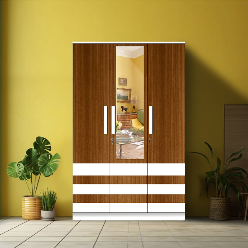 BHF 3 Door Wardrobe in Mysore Teak & White Finish