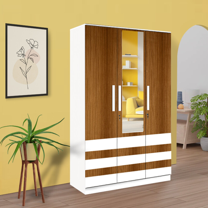 BHF 3 Door Wardrobe in Mysore Teak & White Finish