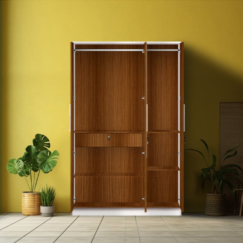 BHF 3 Door Wardrobe in Mysore Teak & White Finish