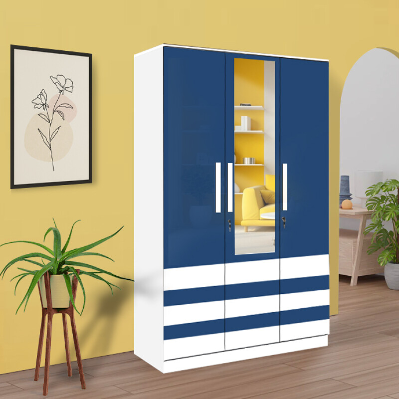 BHF 3 Door Wardrobe in White & Electric Blue Finish