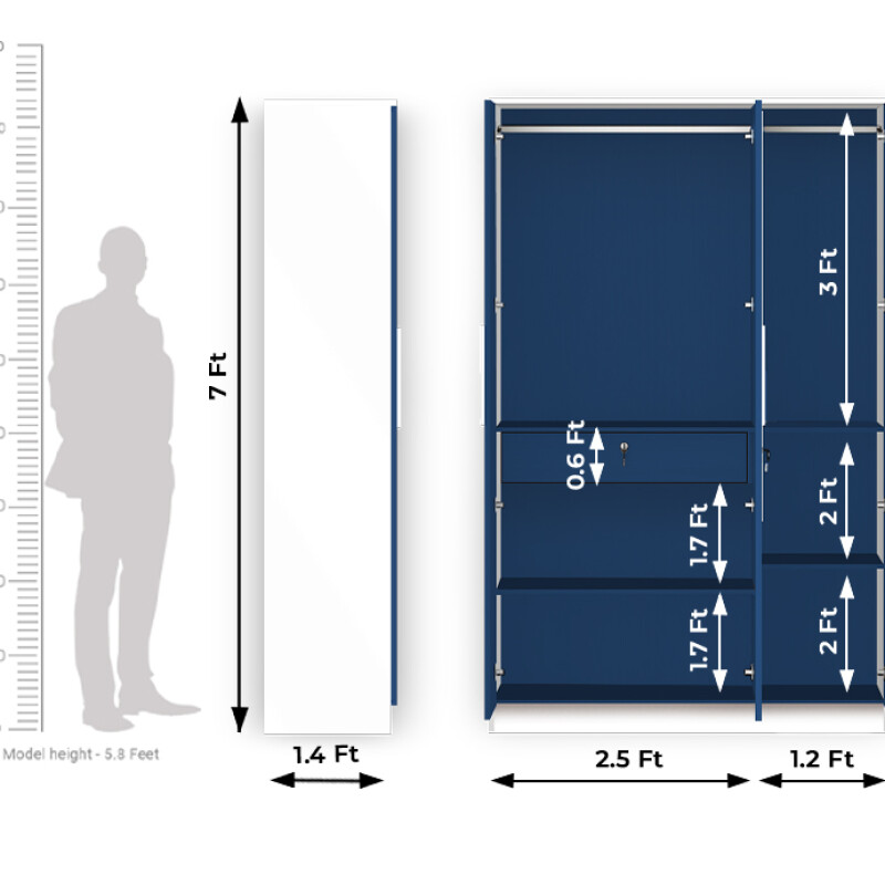 BHF 3 Door Wardrobe in White & Electric Blue Finish