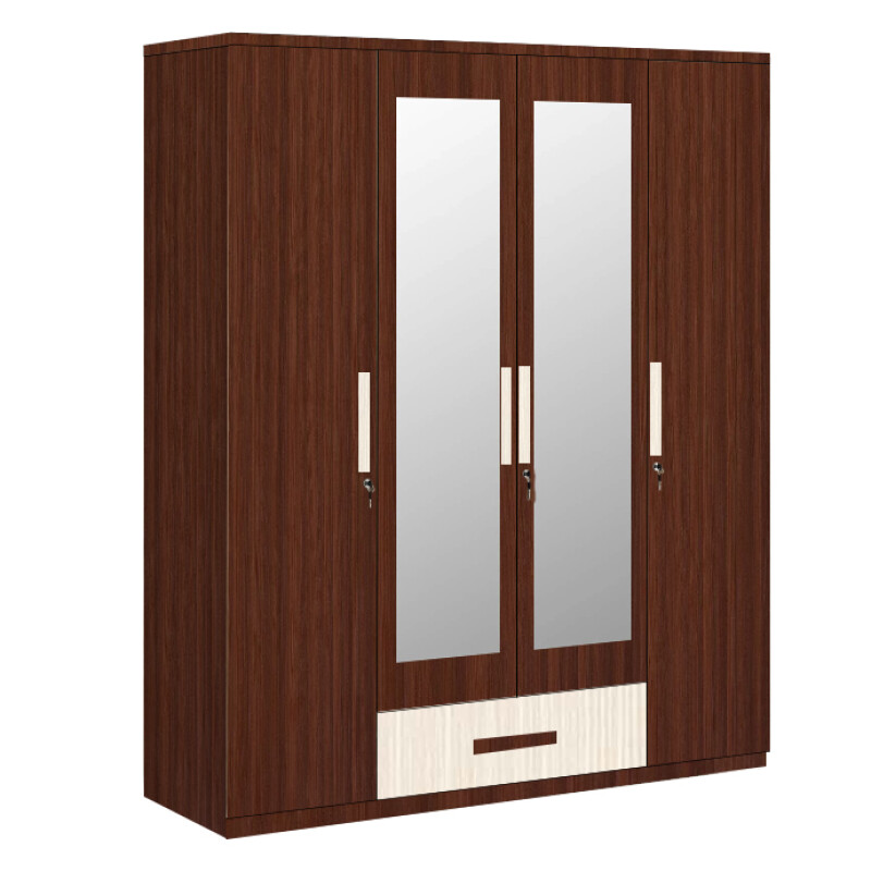 Engineering Wood 4 Door Wardrobe in Classic Planked Walnut & Ice Beech