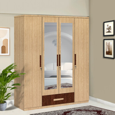 Engineering Wood 4 Door Wardrobe in Ivory Beech & Khaya Mahagony