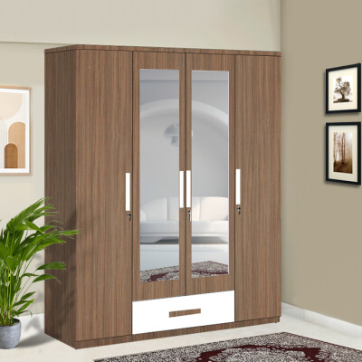 Engineering Wood 4 Door Wardrobe in Lorraine Walnut & White
